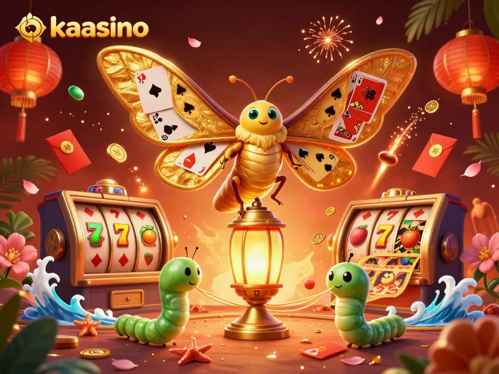Kaasino showcases a vibrant 3D casino scene with golden moths, slot reels, and rich cultural elements.
