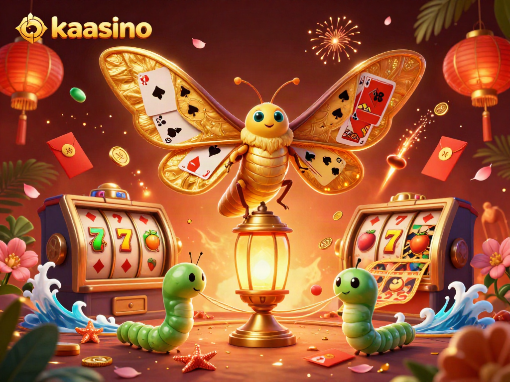 Kaasino showcases a vibrant 3D casino scene with golden moths, slot reels, and rich cultural elements.