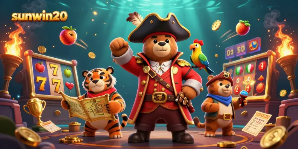 Engage in thrilling games at sunwin20 with a vibrant casino-themed scene featuring dynamic slots and characters.