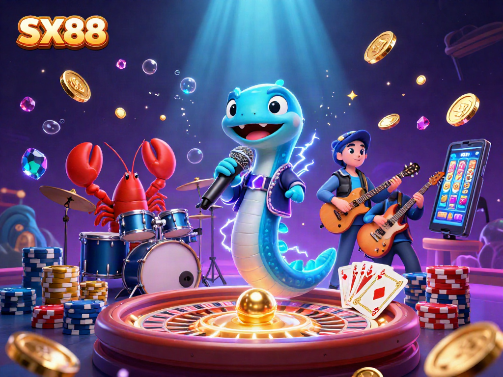 SX88 showcases an electric eel DJ performing in an underwater casino, surrounded by vibrant gaming elements.