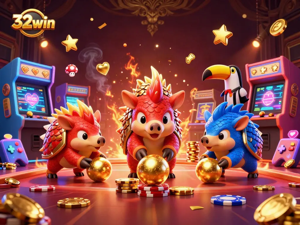 Experience thrills at 32win as pangolins roll golden balls through poker chips in a vibrant casino.