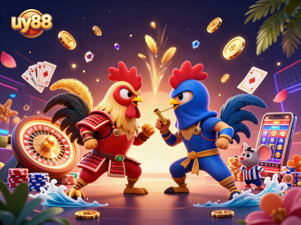 Experience the thrilling clash of uy88's gaming spirit with dynamic roosters and casino riches.