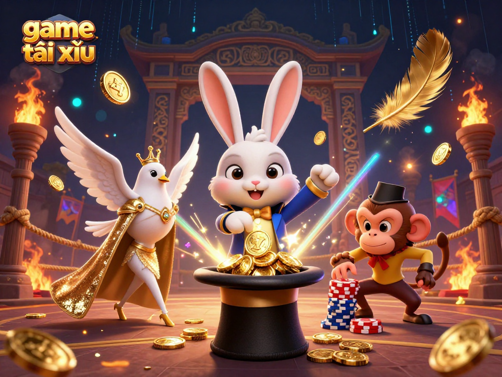 Experience game tài xỉu excitement with a magician rabbit and dice on a vibrant gaming scene.