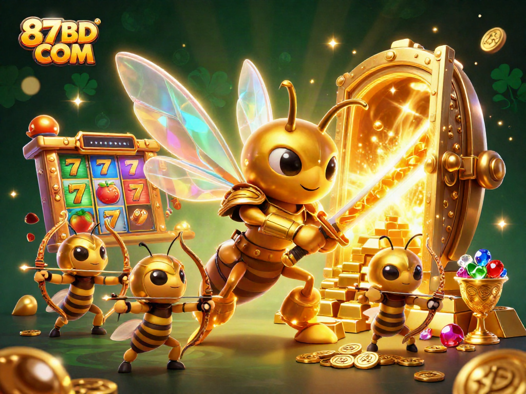 Win big with 87BD COM in this vibrant 3D casino scene showcasing slot elements and treasures.