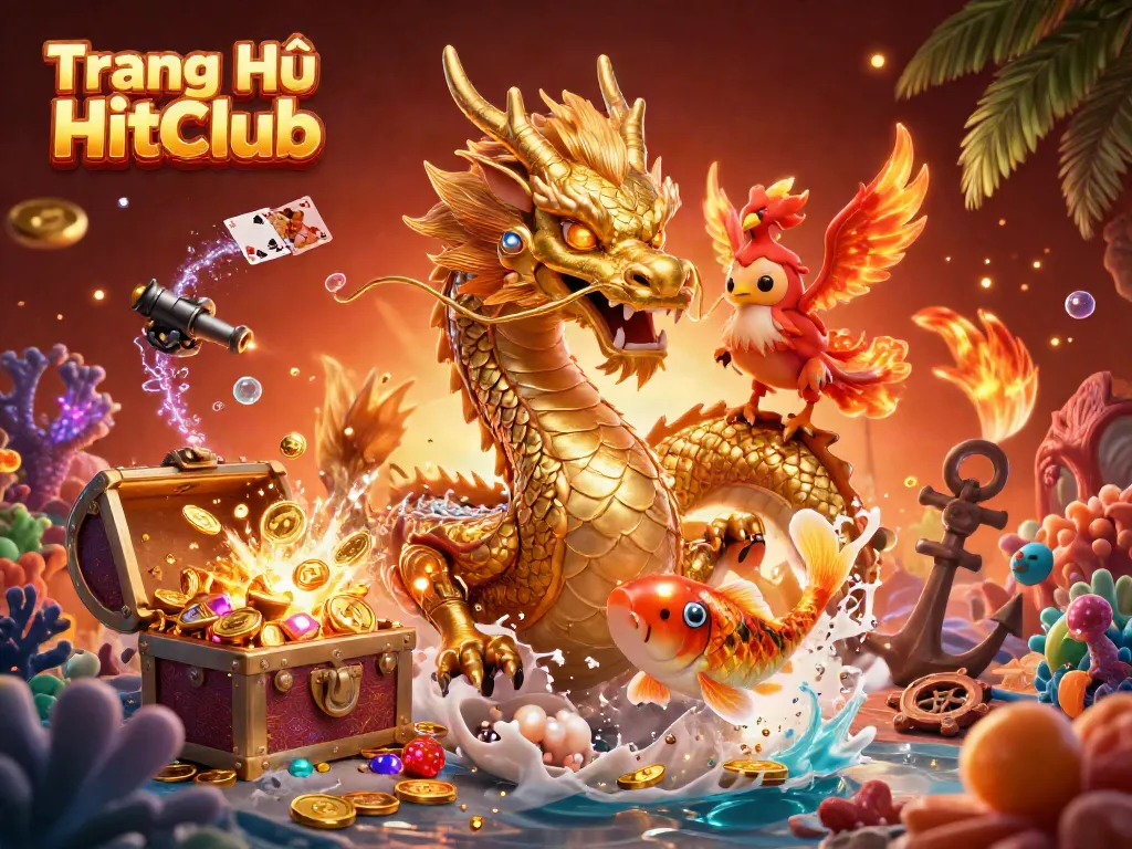 Experience the thrill of gaming at Trang Chủ HitClub with vivid depictions of a golden dragon, phoenix, and koi fish amidst coins and casino-themed elements.