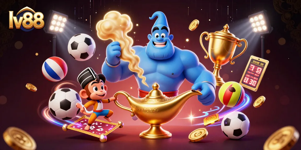 Betting excitement at lv88 with a vibrant 3D genie, sports elements, and animated casino visuals.