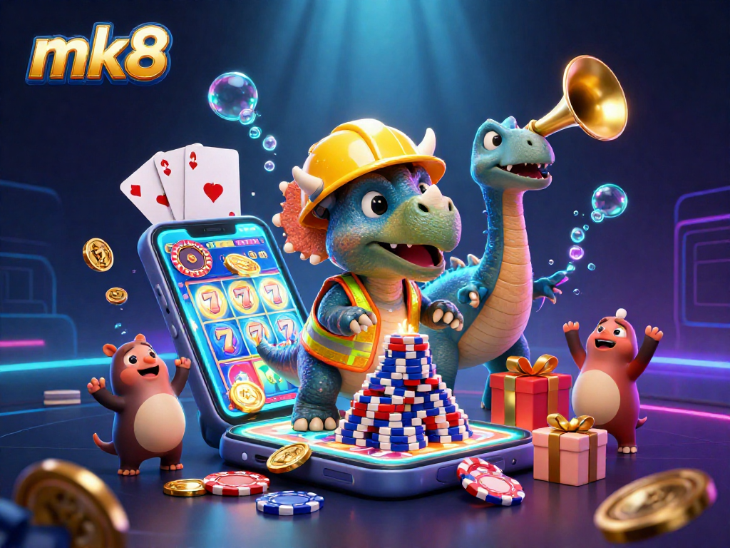 Witness mk8's exciting casino atmosphere featuring a triceratops building poker chip pyramids amidst slot games and celebratory creatures.