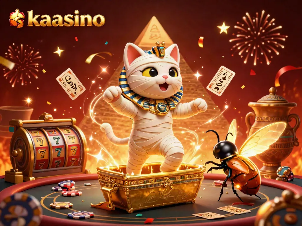 Engage in thrilling games at kaasino with an ancient Egyptian theme featuring vibrant characters and rich casino elements.