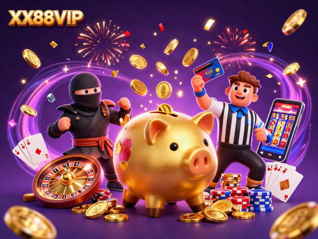 Engage in high-stakes action with XX88VIP featuring a golden piggy bank sumo wrestler amidst explosive casino elements.