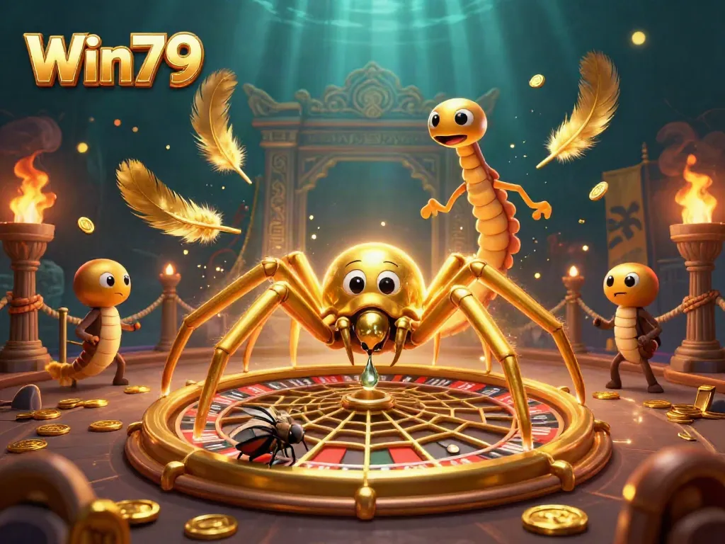 Win79 offers thrilling gameplay with a golden spider and centipede croupier in a dynamic casino scene, showcasing excitement and betting action.
