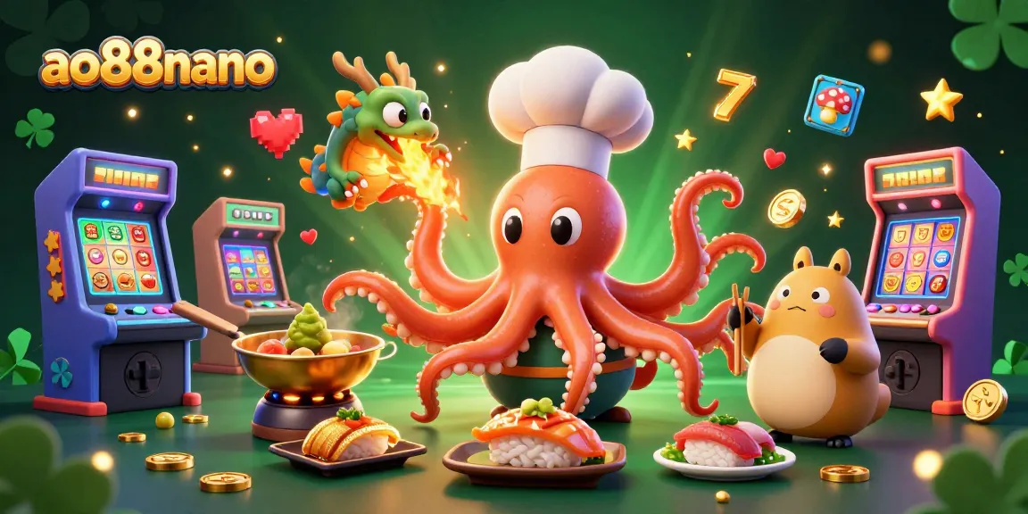 Experience the excitement of ao88nano with this vibrant casino-themed illustration featuring a sushi chef octopus and friends.