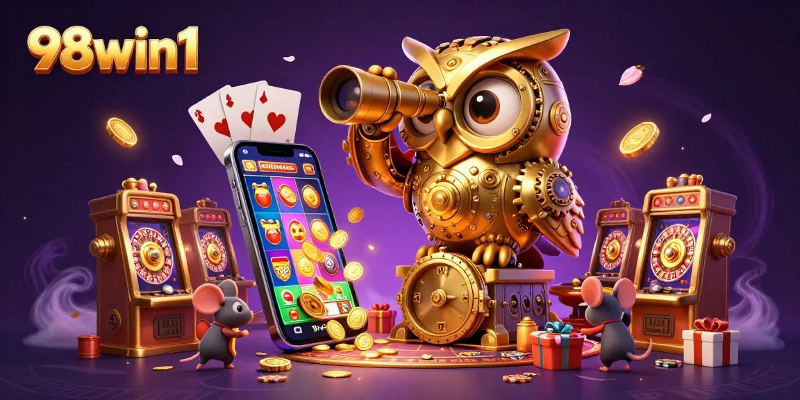 Spin reels and win big at 98win1 with vibrant slots and casino games illustration.