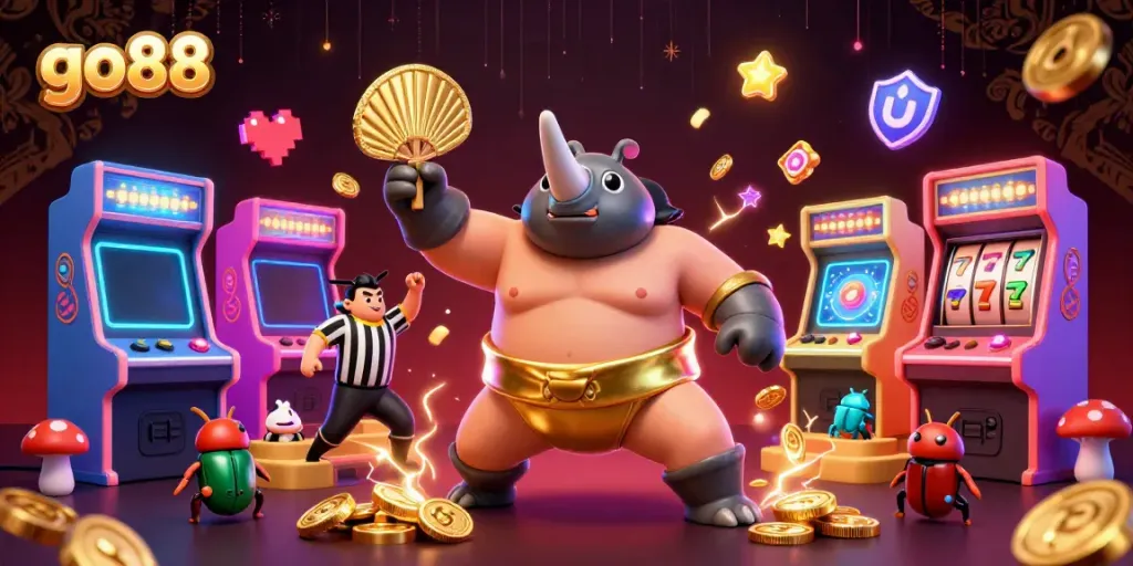 Experience the thrill of go88 with our unique arcade-inspired casino scene filled with colorful elements and dynamic characters.