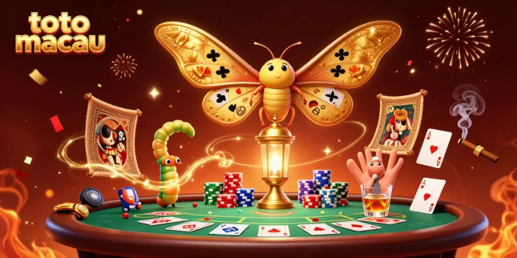 Menggambar toto macau, kupu-kupu atlas 3D dengan sayap emas besar dan elemen kasino yang menarik.