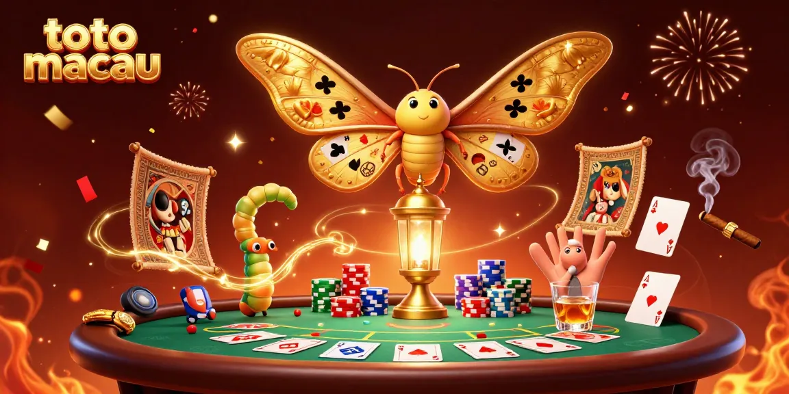 Menggambar toto macau, kupu-kupu atlas 3D dengan sayap emas besar dan elemen kasino yang menarik.