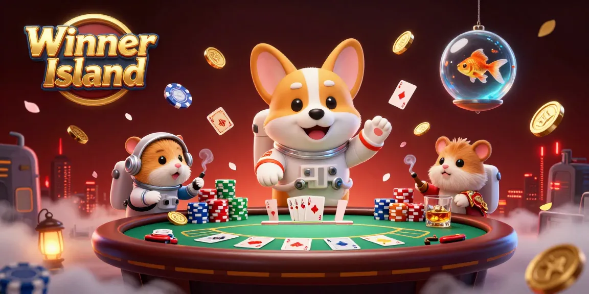 Winner Island showcases a lively casino with a floating astronaut corgi and vibrant poker elements.