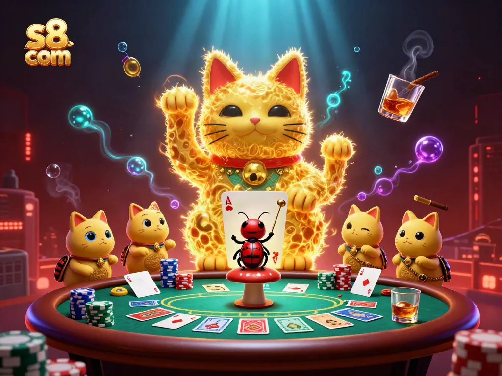 Experience exciting gaming at s8 com with a striking illustration of a lucky cat and vibrant casino elements.