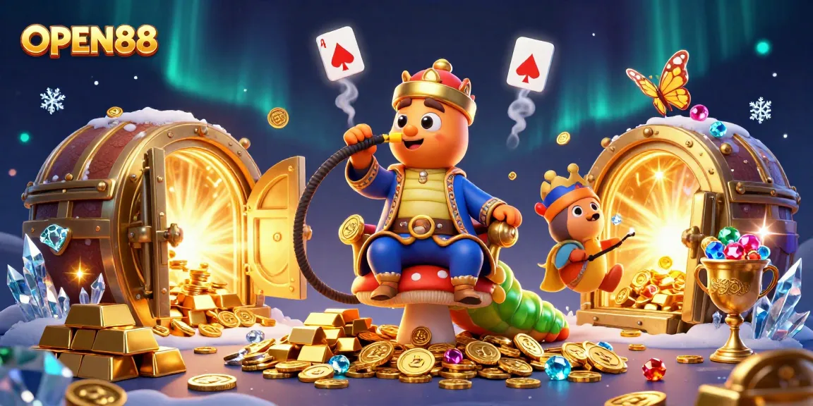 Experience immersive gaming with OPEN88's vibrant 3D illustration showcasing lavish casino elements.