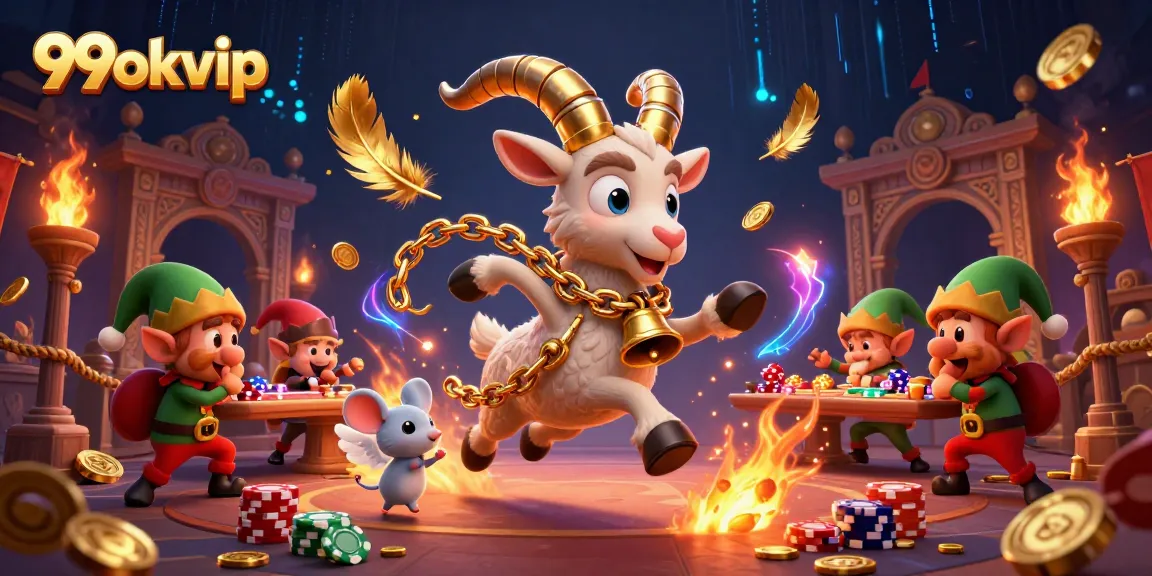 Experience thrilling action at 99okvip casino with Krampus and playful characters in a vibrant festive scene.