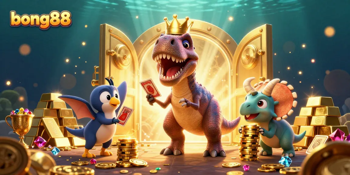 Engage with the exciting world of bong88 as characters attempt to shuffle cards and stack chips amidst vibrant casino elements.