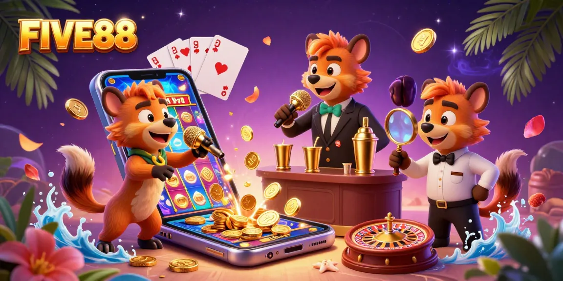 Experience the vibrant FIVE88 casino scene with hyena comedians, lighting up the gaming night.