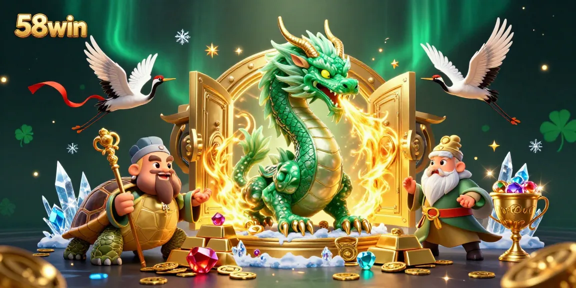 Experience the thrill of 58win with a vibrant dragon and lucky symbols in a dynamic casino scene.