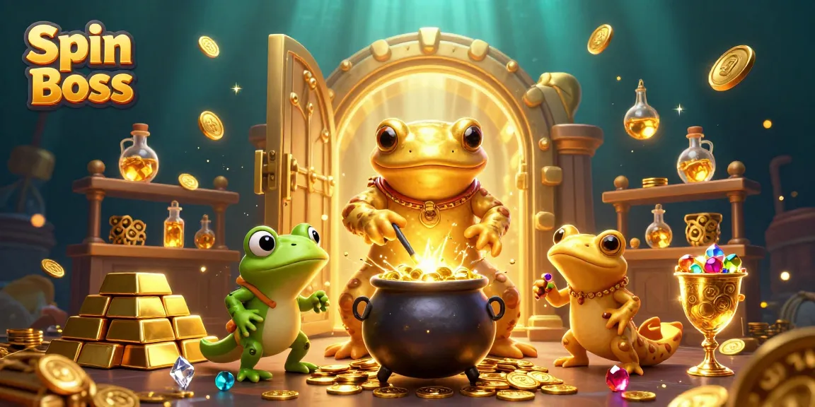Spin Boss illustration showcases a vibrant alchemical casino, embodying gambling excitement and gold treasures.