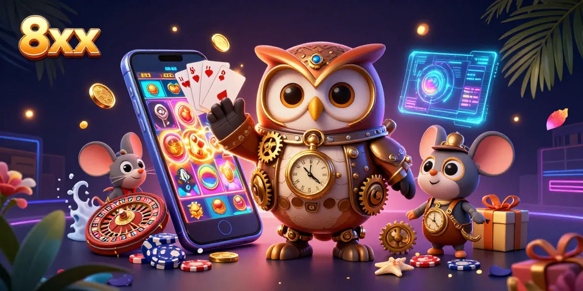 Engage with the 8xx casino world featuring a steampunk owl and dynamic slot game elements.