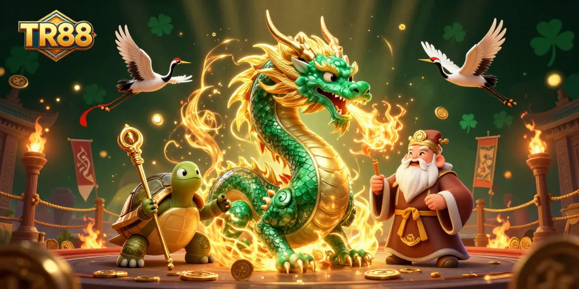 Experience thrilling gaming adventures at TR88 with a majestic dragon, sage, and flying cranes amidst vibrant casino elements.