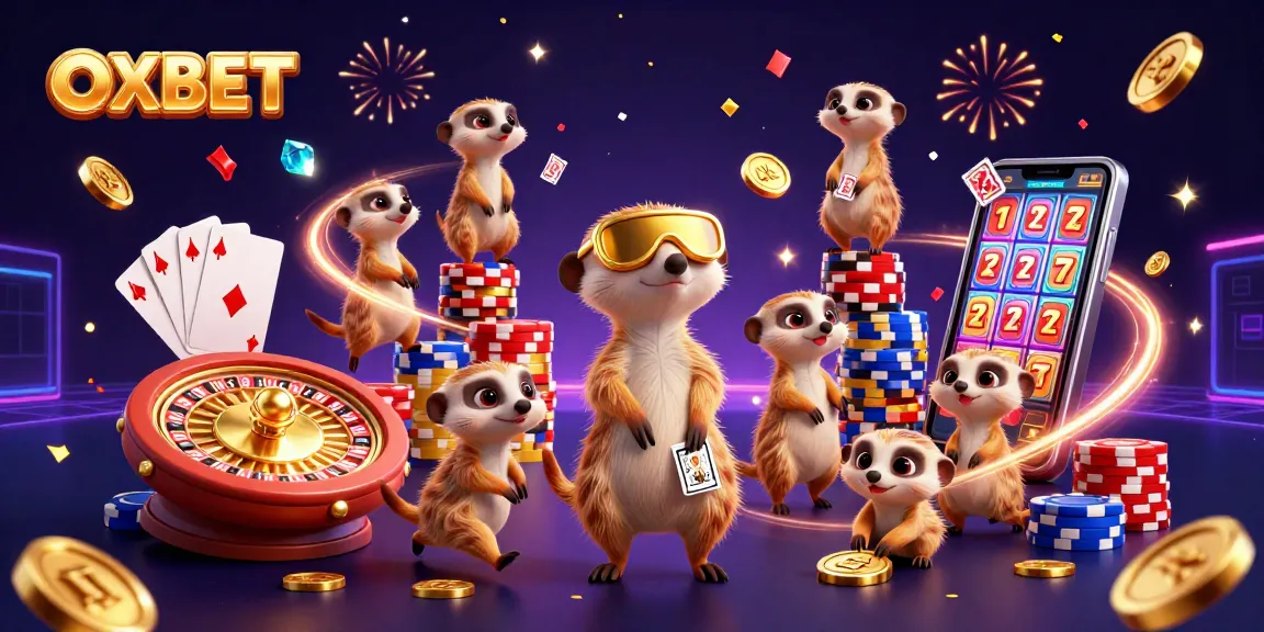 Experience the excitement of OXBET with our dynamic meerkat casino illustration filled with games and action.