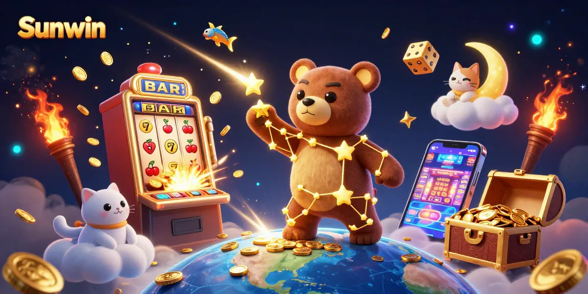 Sunwin offers an exhilarating gaming experience with vibrant 3D illustrations showcasing a jackpot explosion.