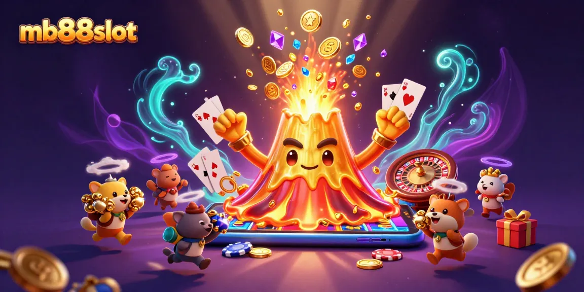 Win big with mb88slot as a triumphant golden volcano erupts coins and treasures.
