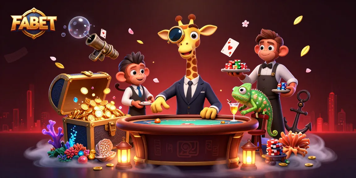 Experience FABET’s vibrant gaming scene with high-roller giraffe, monkey valet, and chameleon bartender amidst gold treasure.