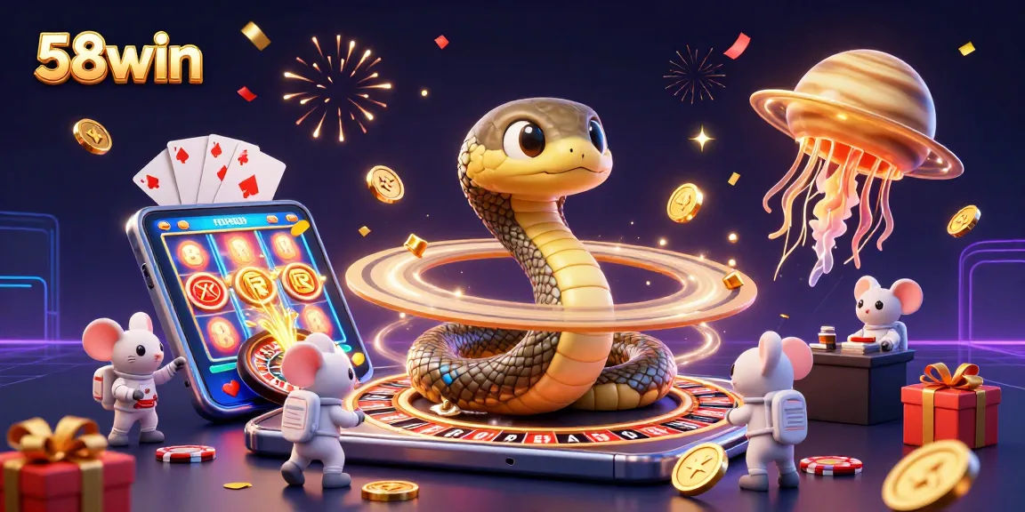 Bet on 58win with a vibrant cosmic casino scene featuring a roulette wheel and astronaut mice.