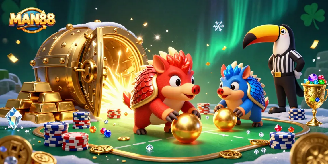 MAN88 pangolins competing in a vibrant casino scene, surrounded by piles of chips and golden treasures.
