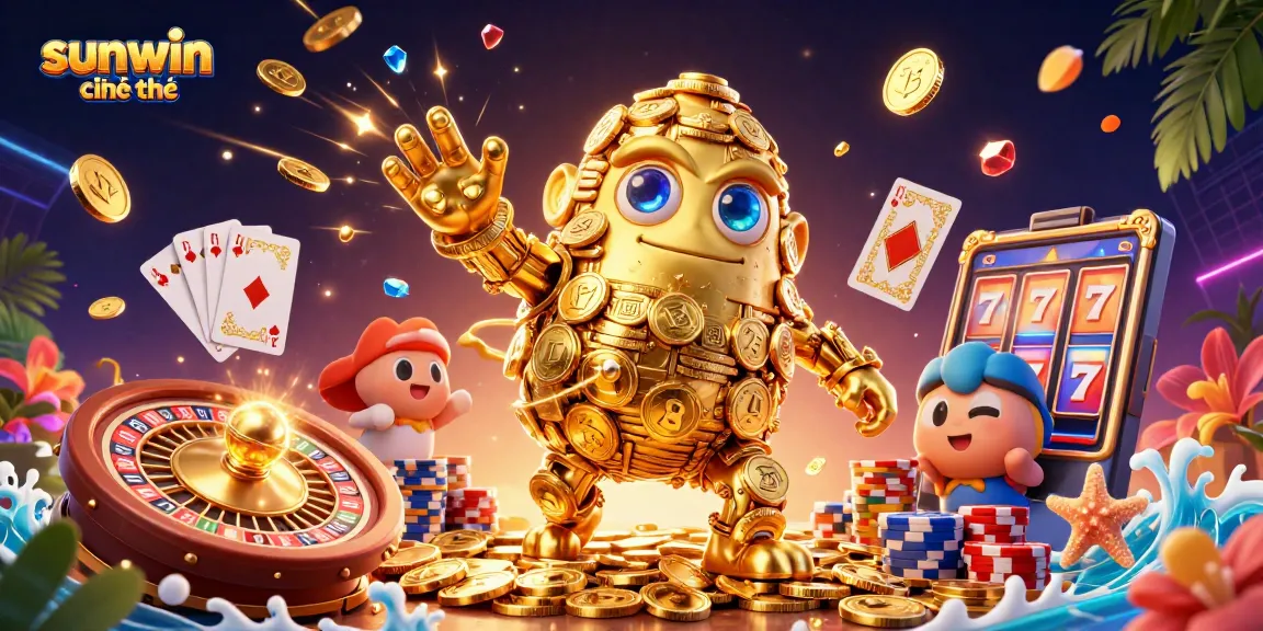 Experience winning at sunwin chính thức with a golden golem amidst cascading coins and games.