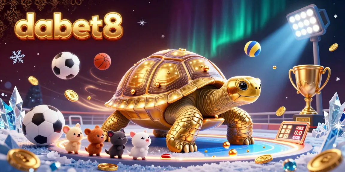 Dabet8 offers an extravagant gaming scene with a colossal tortoise pinball machine surrounded by dynamic sports elements.