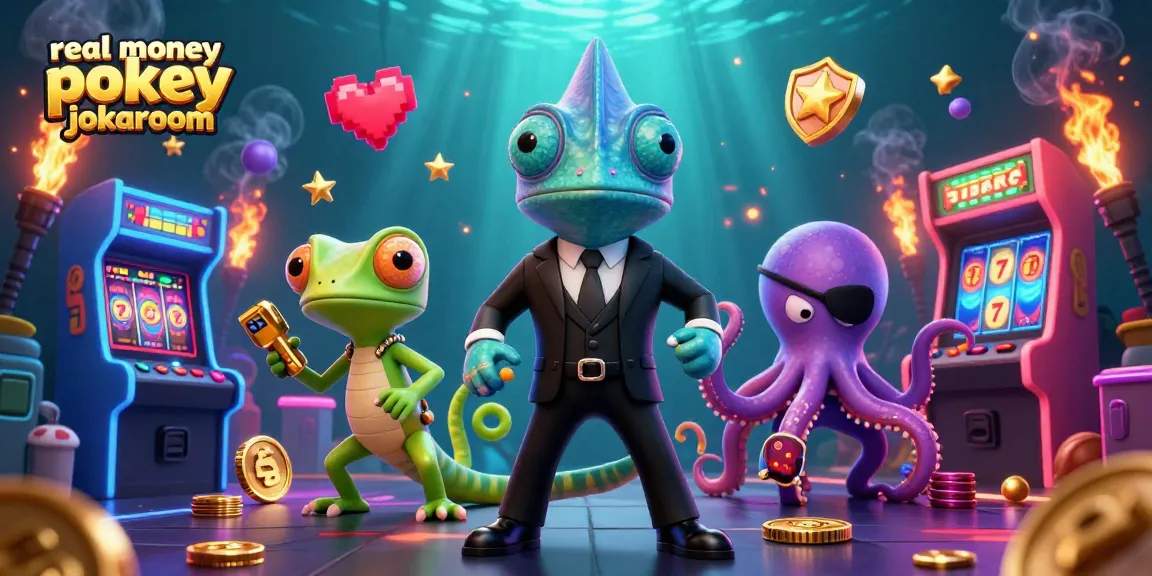 Engage with real money pokies JokaRoom through a vibrant 3D illustration of a chameleon, gecko, and octopus.