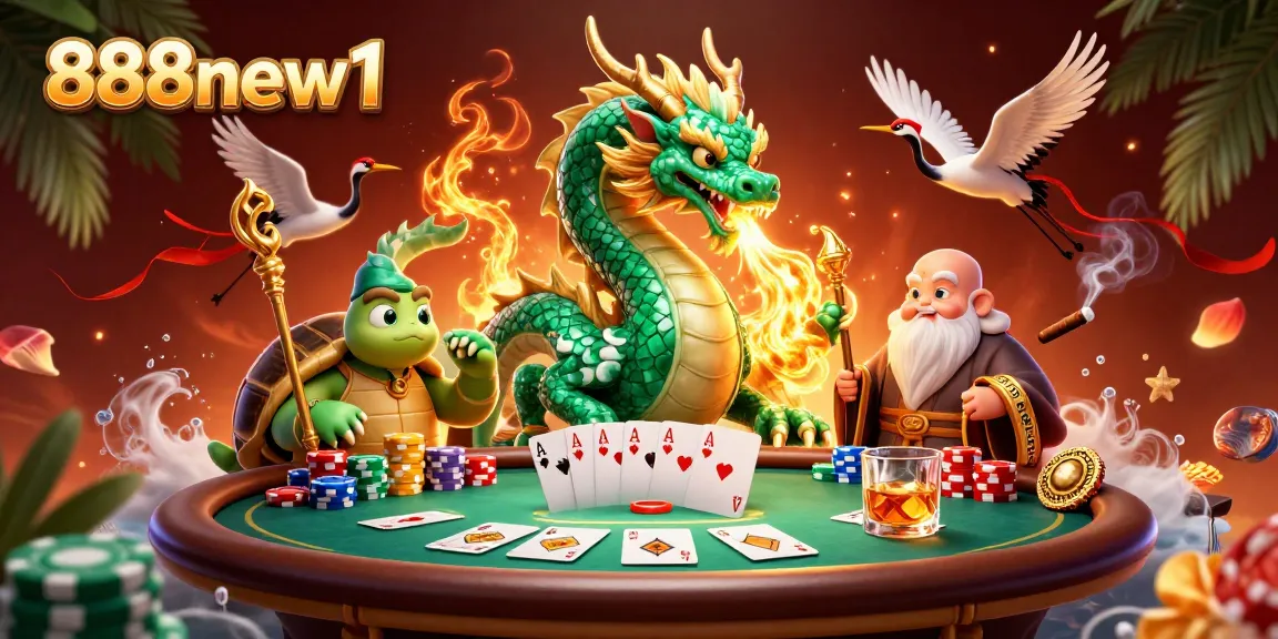 Experience thrilling wins at 888new1 Casino with a vibrant scene of dragon and poker excitement.