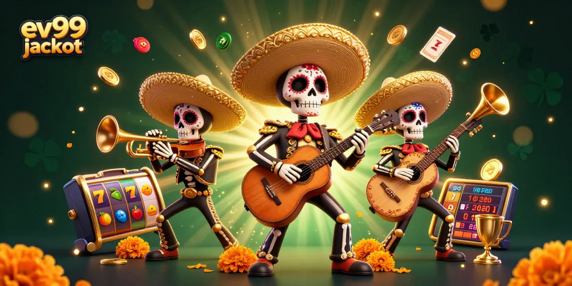 Win big with the ev99 jackpot featuring vibrant skeleton mariachi celebrating casino thrills.