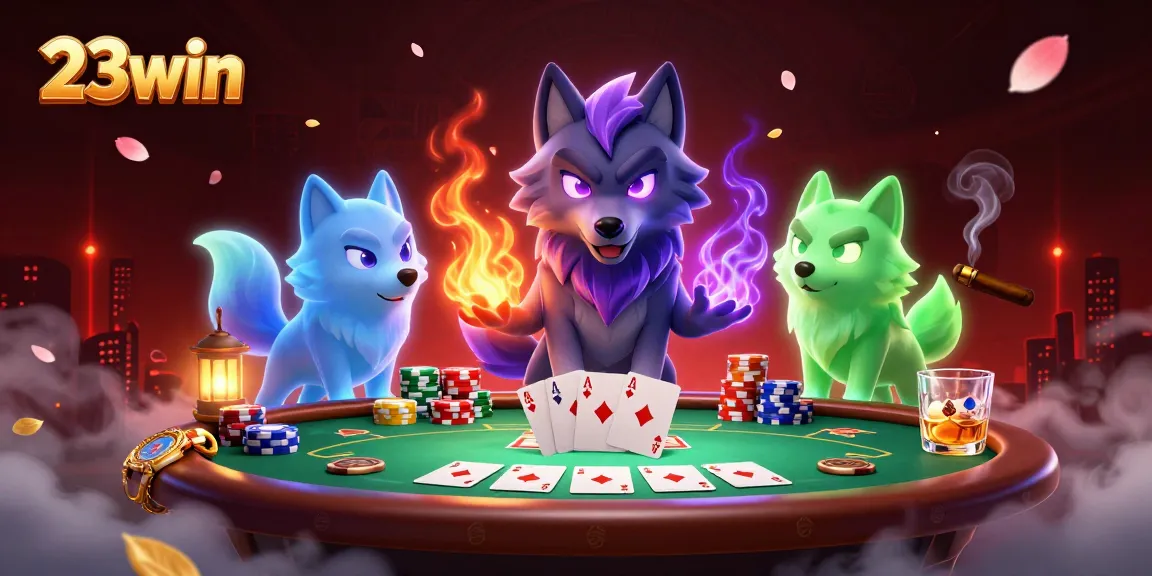 Experience thrilling poker action with 23win's captivating 3D casino scene featuring wolves and poker elements.
