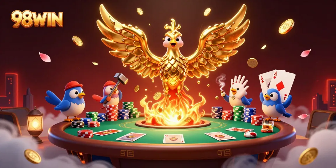 Experience the excitement of 98WIN with a fiery, golden phoenix amidst an energetic poker scene.