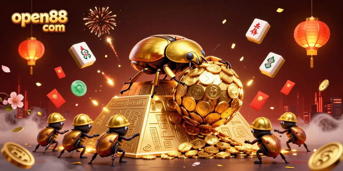 Immerse in vibrant gambling action at open88 com featuring golden beetles and casino symbols.