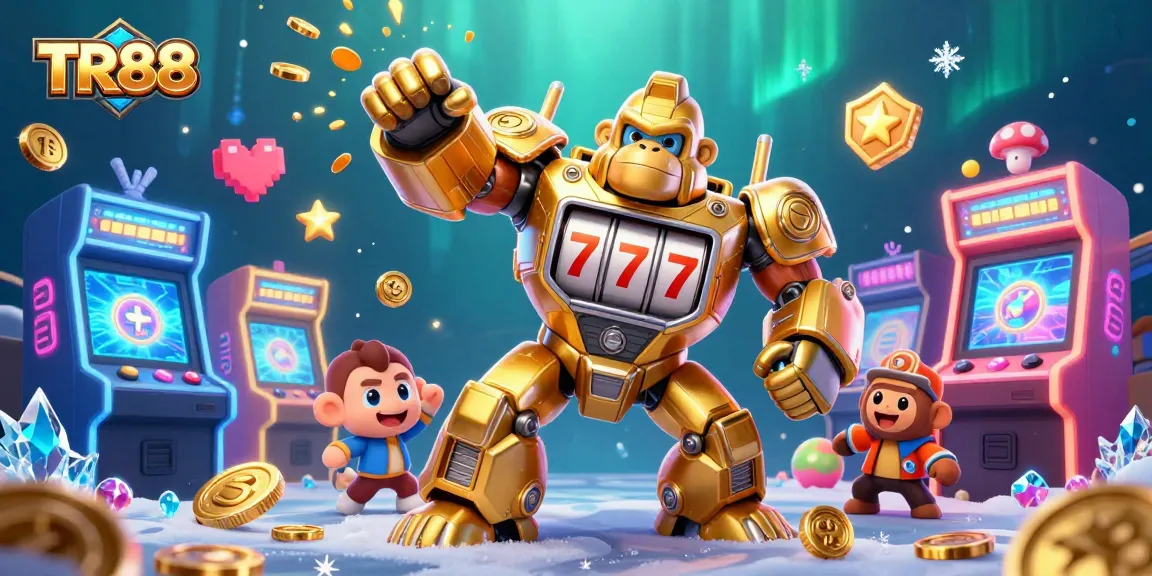 Experience TR88’s entertaining gaming adventure with a dynamic gorilla mech and vibrant casino elements.