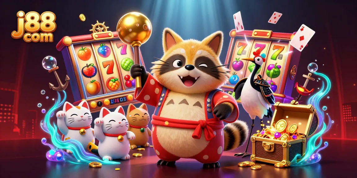 Engage with j88 com in this vibrant 3D casino scene featuring lucky characters and game elements!
