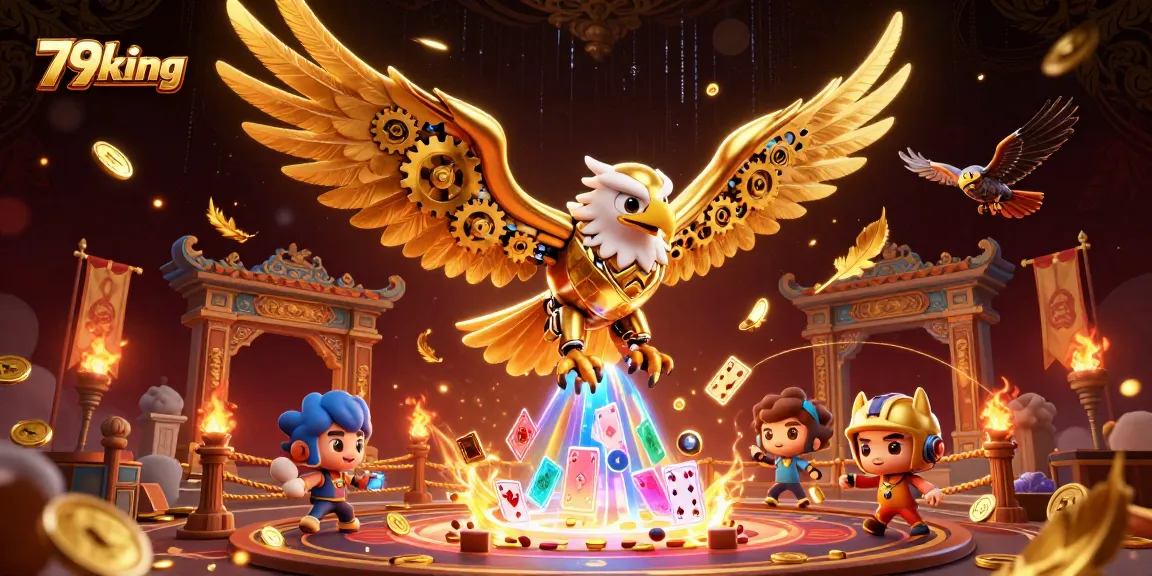 Engage with 79king in a vibrant 3D casino scene featuring a cybernetic golden eagle amidst holographic cards and gold coins.