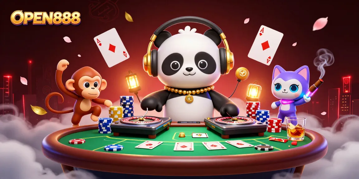 Join the excitement at OPEN888 with a vibrant casino party featuring a DJ panda, dancing monkey, and rave kitten.