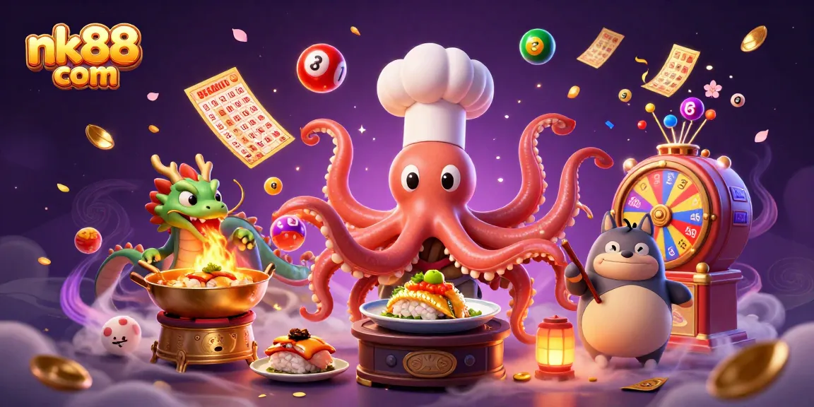 Experience excitement with nk88 com in a vibrant 3D casino scene featuring festive lottery elements.