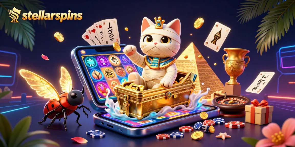 Experience thrilling gameplay at stellarspins with a dynamic scene featuring colorful slot games and casino elements.