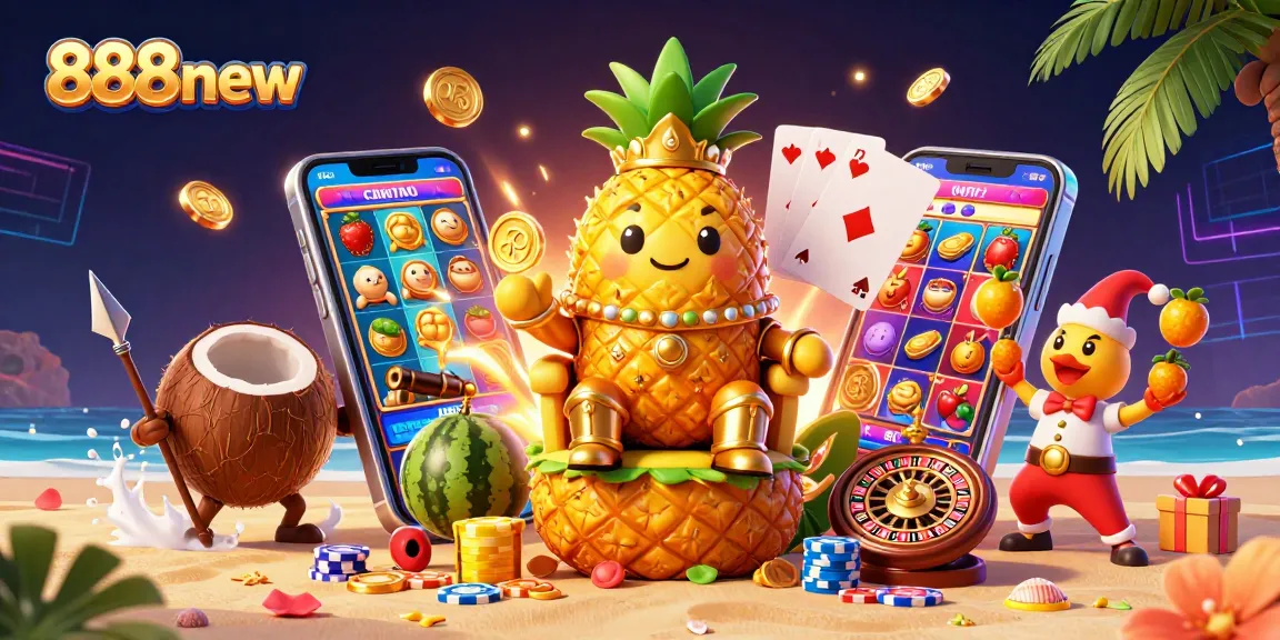 Engage with the vibrant world of 888new featuring a golden pineapple king amidst thrilling casino elements.
